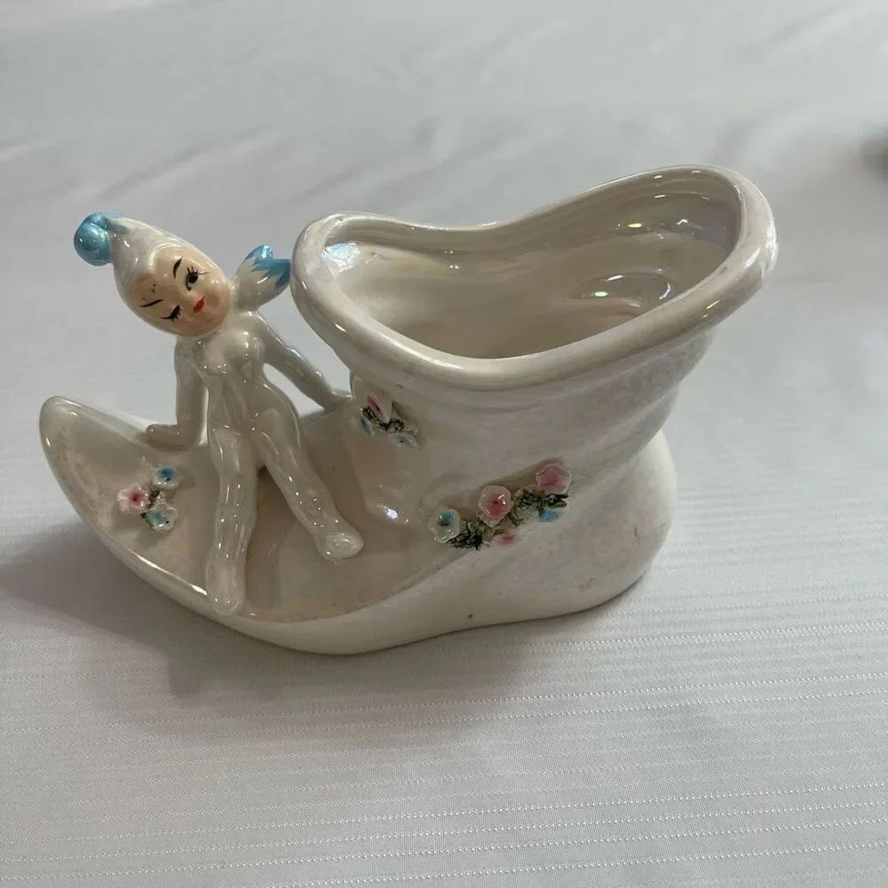 Lefton Pixie Fairy Elf Iridescent Luster Elf Boot Shoe Planter 6” X 4 Vtg Japan